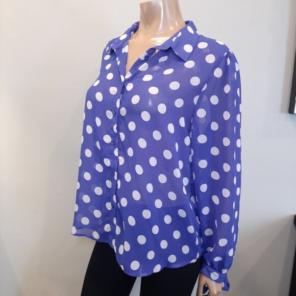 George Polka Dot Blouse Sheer Buttoned Long Sleeve Tie Cuff Flowy Top - Picture 3 of 15
